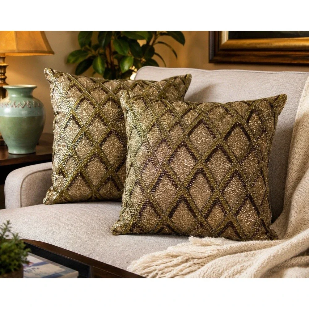 Set of 2 Pier 1 Gold Beaded Accent Throw Pillows 12x12 Geometric Diamond